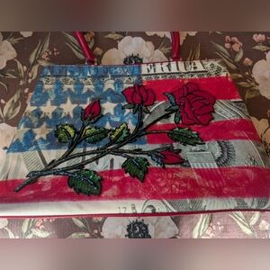 Isabella Fiore Vintage American Flag Bag Purse Beaded Roses